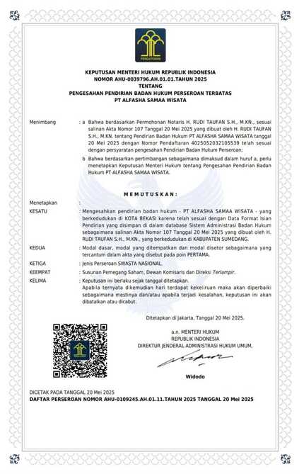 Legalitas PT. Alfasha Samaa Wisata